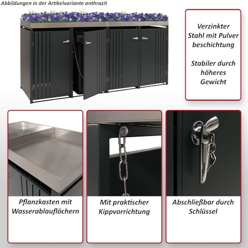 4er-Mülltonnenverkleidung HWC-O67, Mülltonnenbox mit Pflanzkasten, Metall 125x260x84cm 95kg - anthrazit