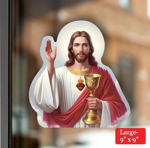 Image of Jesus Christ Sticker - Sacred Heart of Jesus Vinyl Decal, God Catholic Religious Stickers for Car Bumper, Our Lord with Cross Design (9x9)
