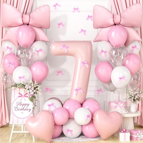 Image of 7th Birthday Decorations for Girl,Pink 7 Balloons for Party Decorations | 7 Year Old Birthday Decoration,Anniversary Party Decor,Pink White Balloons,Bow Print Balloons,Heart Balloons