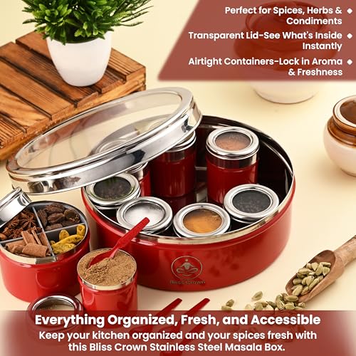 Image of 12-in-1 Stainless Steel Spice Box (Royal Red) | Masala Dabba with 8 Containers + 1 Divider (4 Sections) + 3 Spoons | Airtight Kitchen Organizer, Traditional Look