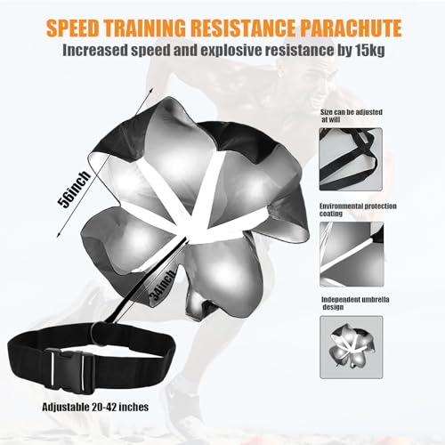 Nusogon Running Speed Training, 56 inch Speed Drills Resistance Parachute Running Sprint Chute Soccer Football Sport Speed Training（Black）