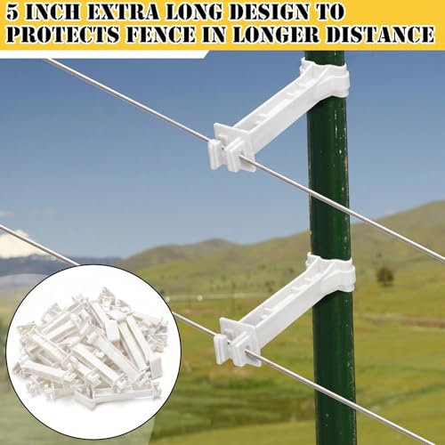 Image of Pangda 100 Pcs 5 inch Snap Type Insulator Electric Fence T Post Insulators Extended Snug Fitting T Post Electric Fence Wire Clips for Agricultural and Ranchers (White)