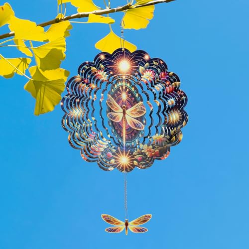 Rngmsi Dragonfly Decor Gift for Women, 3D Mystical Stainless Steel Wind Spinner Hanging Decor Kinetic Art for Outdoor Yard, Home Yard Garden Ornaments Decorations Hanging Gifts(12 X 12inches)