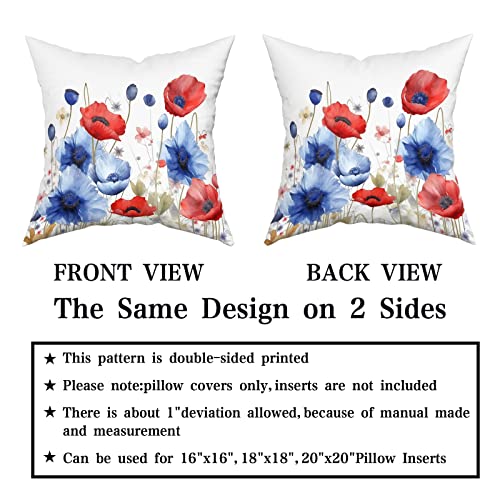 Giwawa 4Th Of July Pillow Covers 18 X 18 Set Of 2, America Patriotic Red Blue Poppy Flower Decorative Pillowcase, Sofa Cushion Case Couch Porch Patio Bed Independence Day Home Decor #TOP4