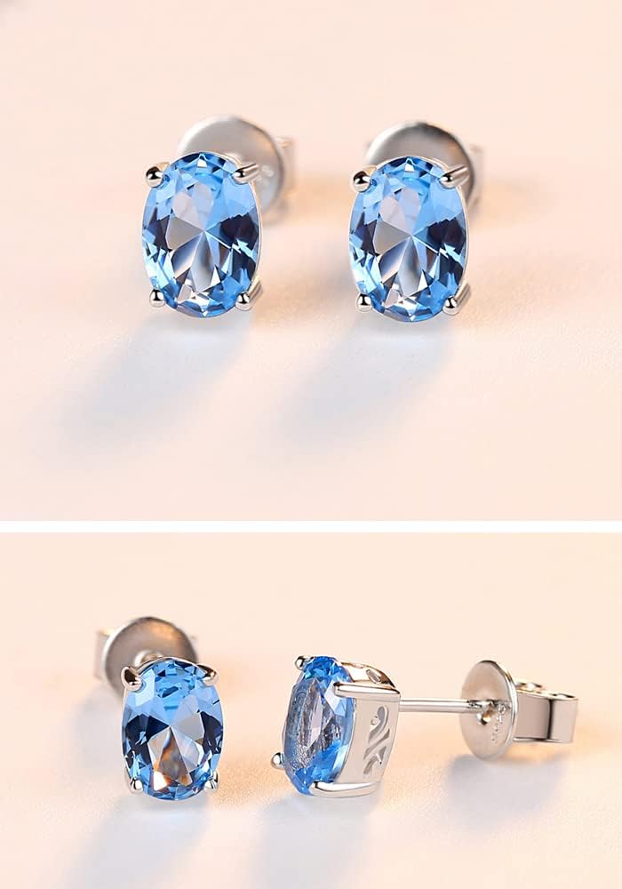 925 Sterling Silver Simulated Swiss Blue Topaz Pendant Necklace and Earrings for Women, CZ Oval Cut Nano Gemstone Costume Jewelry Set with Gift Box - Image 3