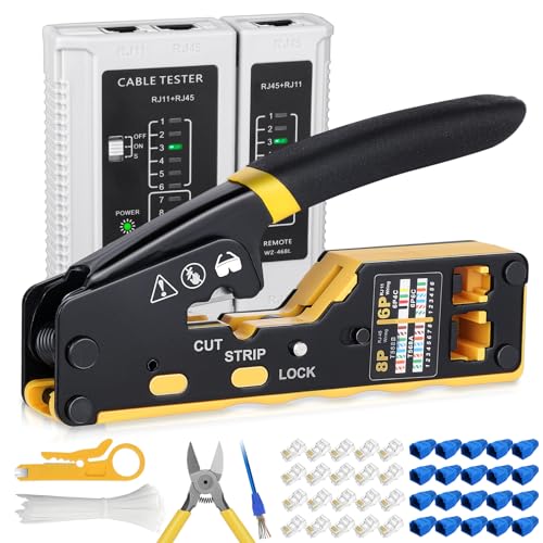 RJ45 Crimp Tool Kit Pass Through Crimper Tool for 8P RJ45 Cat5 Cat5e Cat6 Cat6a 6P RJ11/12 Modular Connectors, All-in-One RJ45 Tools Stripper Cutter Crimper Ethernet Crimping Tool Kit (144PCS)