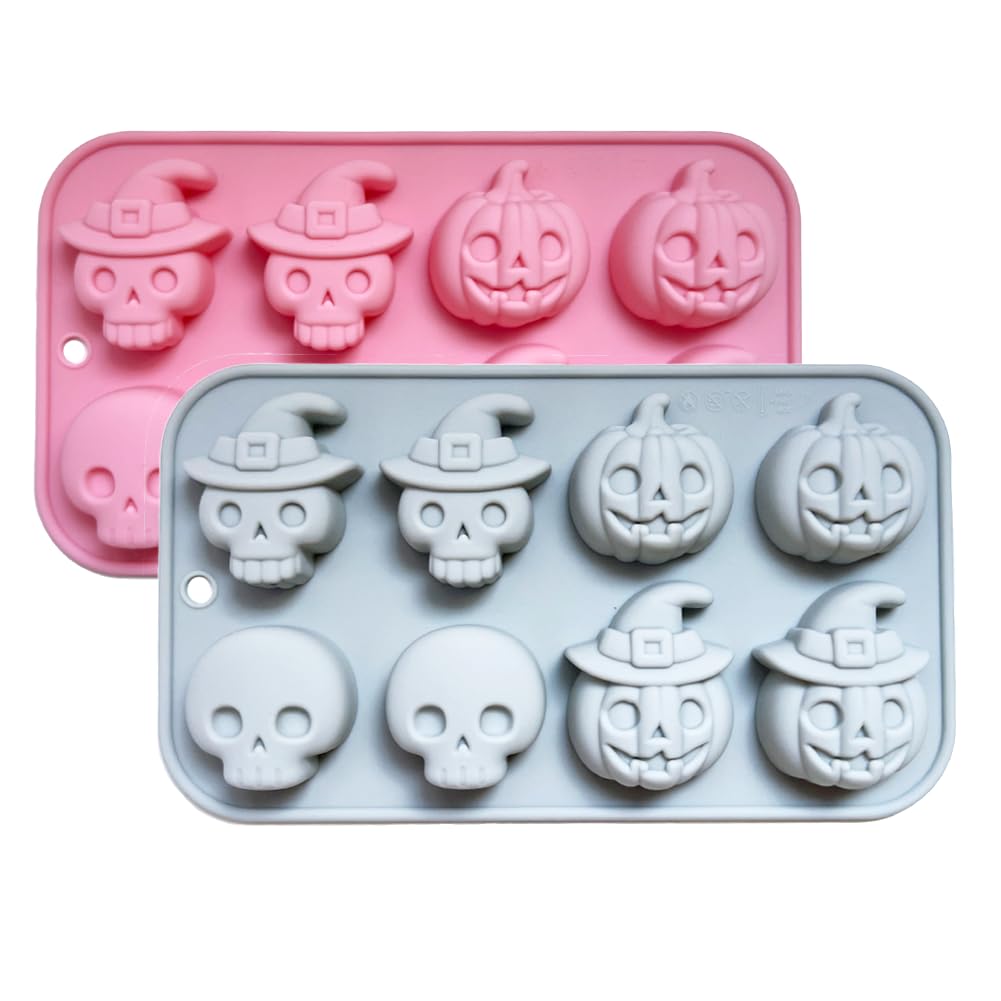 2 Pack Pumpkin Skull Chocolate Mold, 4 Different Shapes Silicone Molds for Candles Chocolate Candy Gummy Soap Cake Cupcake Decorations for Halloween