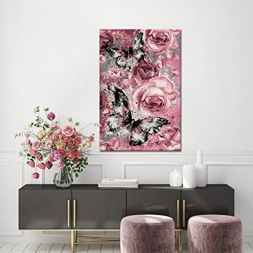 Fushvre Pink And Black Wall Decor Pink Butterfly And Rose Canvas Art Painting Dusty Flower Pictures For Bedroom Framed #TOP3
