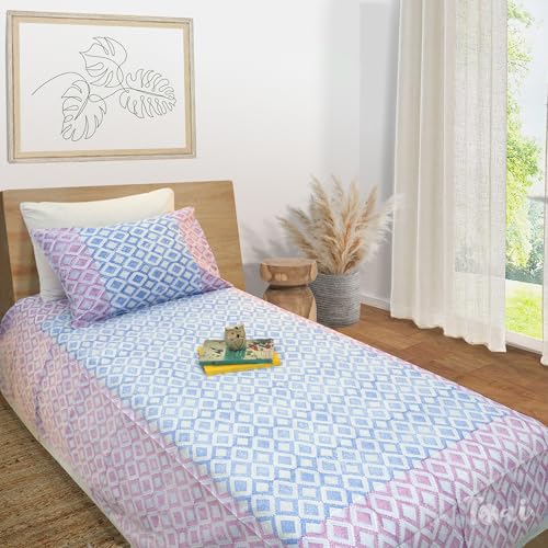 Image of TOAI Hand Block Printed Jaipuri Bedsheet | Bed Sheet Flatsheet | Pure Cotton | Single Size 60 inchx90 inch | 300 TC Bedsheets | Includes 1 Pillow Cover |Vintage Lines Checks |Blue Pink