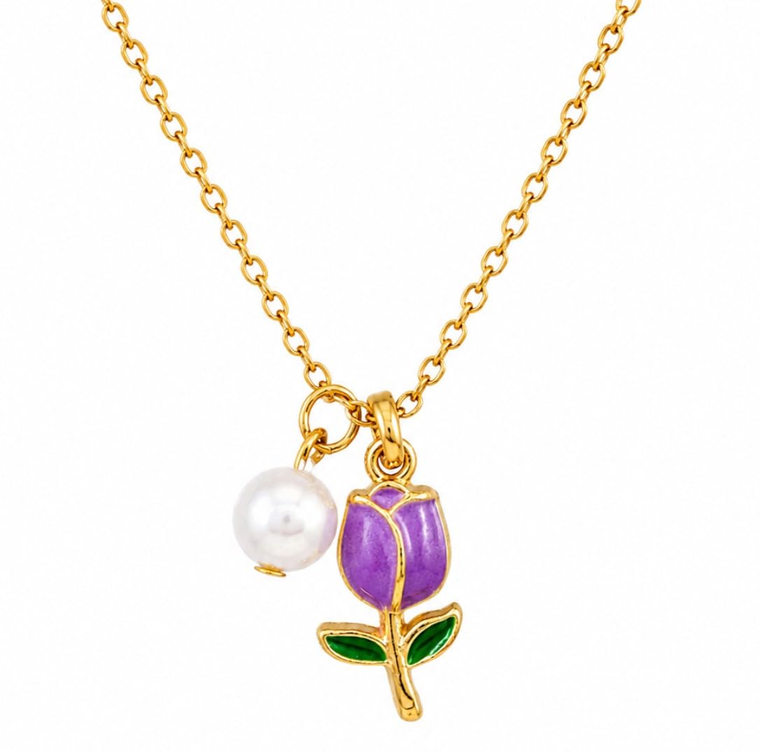 super softener Gold Plated Purple Tulip Flower Pendant Necklace for Women & Girls with Pearl Charm | Floral Enamel Chain | Anti Tarnish | Lightweight | Gift for Her | Birthday Anniversary Jewellery-picture-20