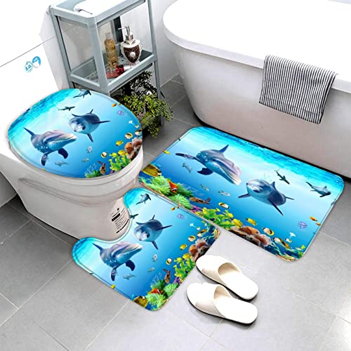 Badematten Set 3D Delfin 3-teiliges Absorbierend Flanell Badezimmerteppich-Set 50x80cm,...