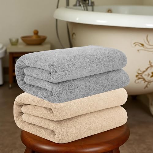 Image of IVAZA Ultimate Luxury with Our 600 GSM Bamboo Bath Towel - 3X The Softness of Cotton with Ultra-Absorbent, Eco-Friendly Fibers for a Spa-Like Feel at Home (120x60 cm) Pack of 2 Beige & Light Grey