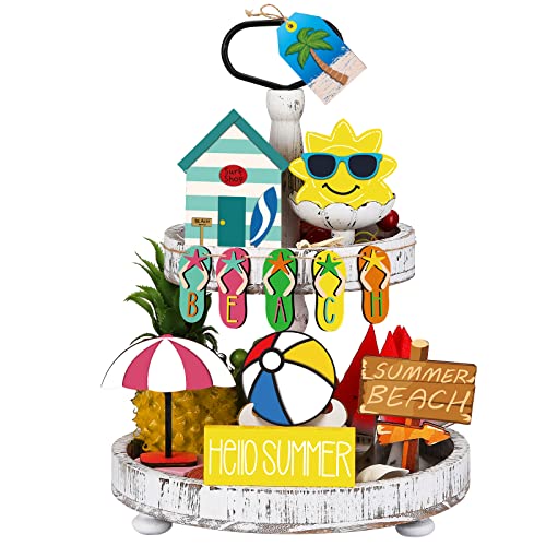 Marsui 12 Pcs Summer Beach Tiered Tray Decor Set Hello Summer Wooden Signs with Beach Slippers and Pool Balls Signs Hawaiian Farmhouse Tray Decor for Home Shelf Coffee Table Centerpiece Decoration