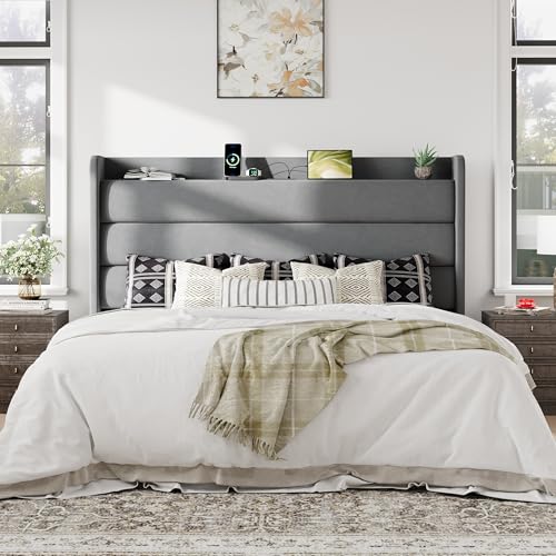 Image of Allewie King Size Upholstered Bed Frame with Charging Station, Grey