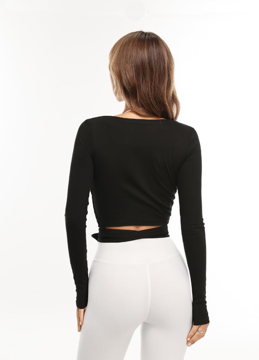 Danysu Ballet Wrap Tops Long Sleeve Cross Tie Crop Shirts Deep V-Neck Dance Clothes Fall Cardigans - Image 5