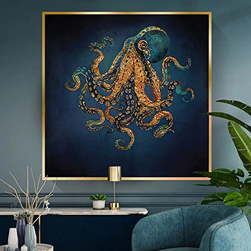 Toile poulpe doré KEBIA de 60x60cm sans cadre pour une décoration murale moderne d'aquarium