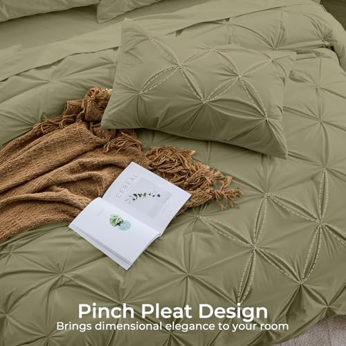 Image of Sasttie Queen Comforter Set, 7-Piece Bed in a Bag, Pintuck Bedding Sets for All Season, Includes Comforter, Flat Sheet, Fitted Sheet, Pillowcases and Pillowshams, Olive Green
