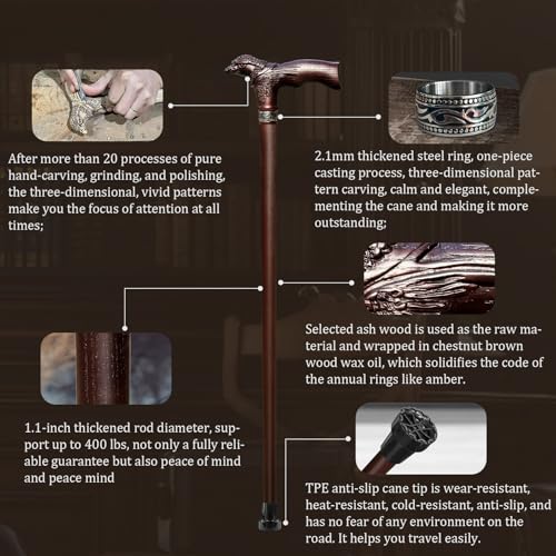 Uoagain Hand Carved Wooden Walking Cane USA Made Eagle Carved Ergonomic Elegant Wood Canes for Men and Women Support up to 400 lbs Provide Stable Canes for Seniors for Daily Use and Gift Giving by uoagain - Image 5