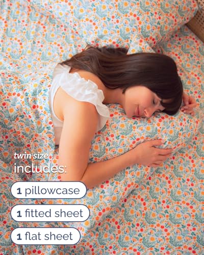 Image of Twin 3 Piece Floral Sheet Set - Soft, Breathable & Cooling - Garden Bloom | 1 Flat, 1 Fitted & 1 Pillowcase w / Deep Pockets, Boho Botanical Floral Bedding, Breathable & Cooling, Wrinkle & Fade Free