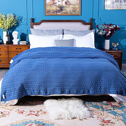 Cotton Cable Kint Throw Blanket for Couch - Super Soft Cozy Blankets, Warm 51x67 Knitted Throw Blanket for Couch, Sofa, Chair, Bed, Cobalt Blue
