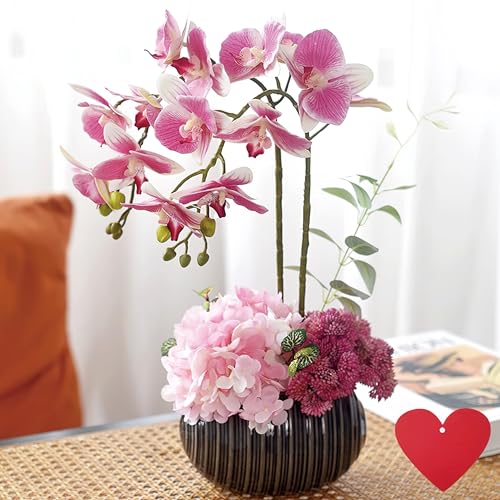 SYDDOL - Flores artificiales de orquídea con florero, bonsái decorativo de orquídea que se ven artificiales reales/flores de hortensia de orquídea sintética con maceta de cerámica para centros de