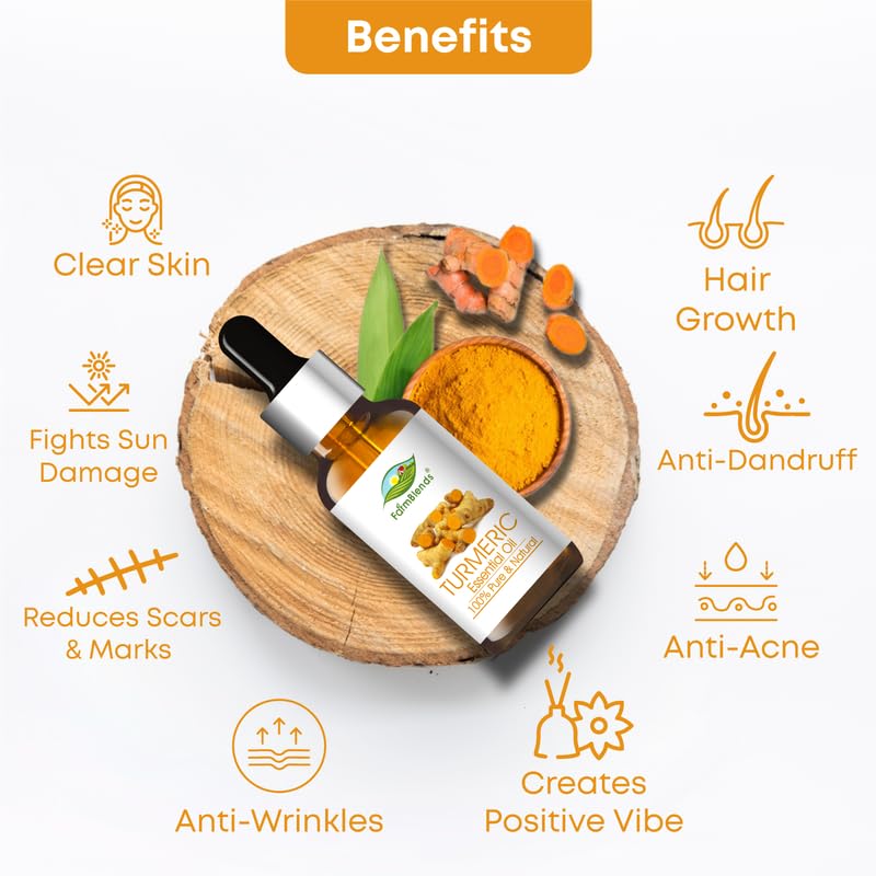 Image of Farm Blends Turmeric Essential Oil 100% Undiluted Pure | For Glowing Skin, Lightens Dark Spots, Marks, Strong Hair | Farm To Home | Natural | Corcuma longa|30ML + 30ML (Pack of 2)