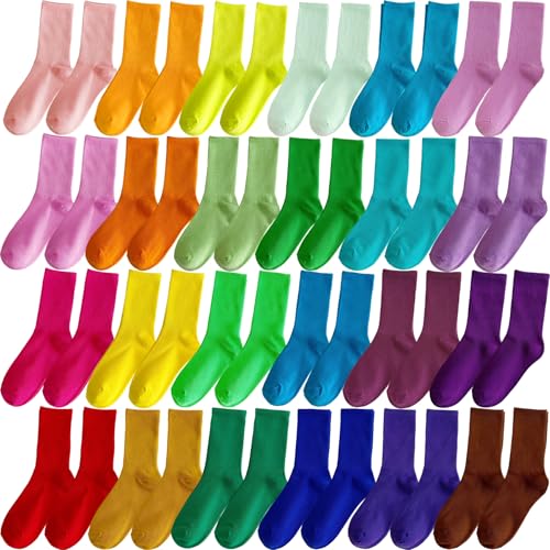 24 Pairs Solid Crew Socks for Women & Teens, Colorful Fresh Cotton Stretchy Casual Athletic Sock Bulk for Teens Youth
