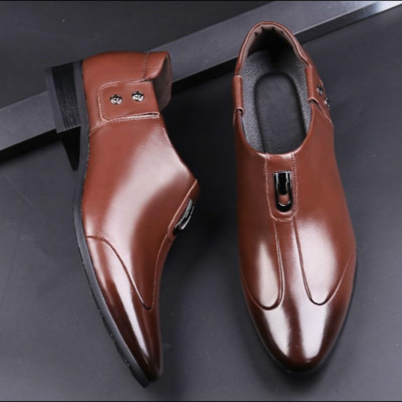 Mens Casual Oxford Men Patent Leather Slip-on Dress Shoes Casual Business Oxfords Derby Leather Shoes(Brown,10)4