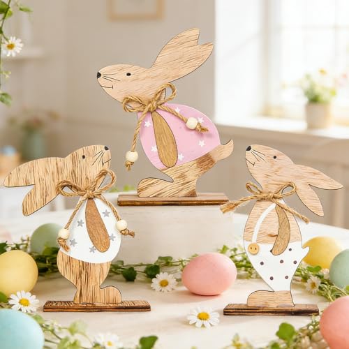 Scinzene 3 Stück Osterhase Deko Set – Osterdekoration Tisch Aus Holz,...