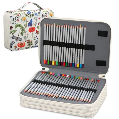 Estojo Organizador Portátil Colorido, Possui Quatro Compartimentos com Fecho e 200 Slots Elásticos para Canetas, para Lápis de Aquarela Prismacolor, Lápis de Cor Crayola, Lápis Marco