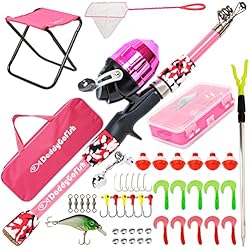 Caña De Pescar Rosa Daddy Go Fish Niños Caña de Pescar telescópica Spincast Combo Silla Plegable Soporte de Varilla Caja de Aparejos Red de Cebo Bolsa de Transporte Niños Niñas - Rosa, 5ft
