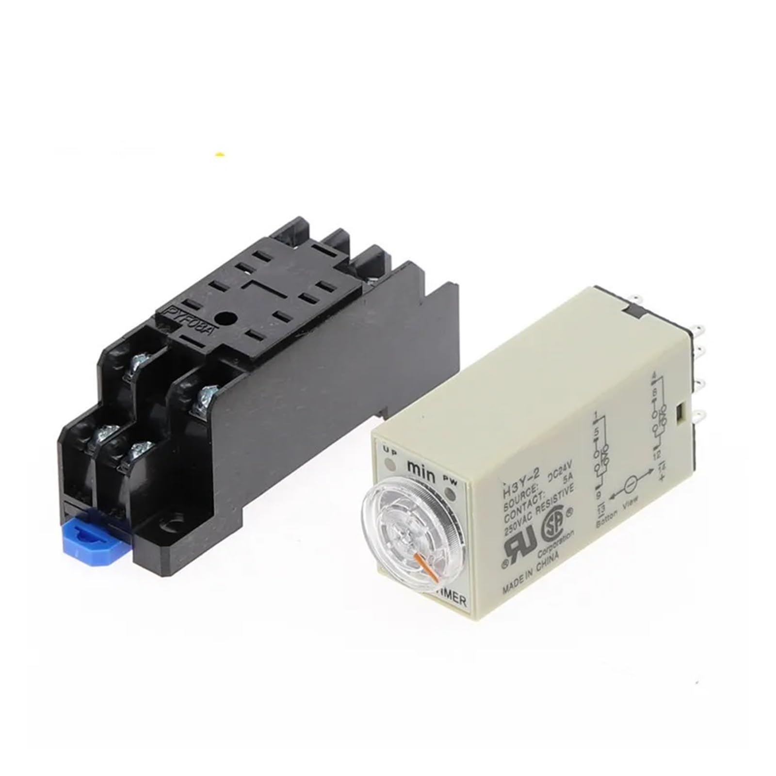 Relè timer DPDT con manopola girevole di ritardo di accensione da 0 a 3 minuti, CA 220 V, H3Y-2 con base di presa.