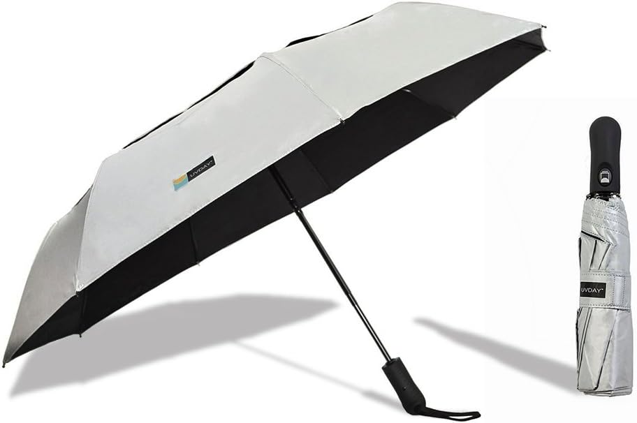 UVDAY Auto Open Close UV Protection Travel Compact Folding Sun Umbrella UPF50+ (23 inches, Silver)
