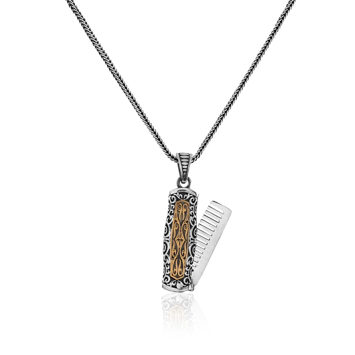 Barbiere lucido - Collana con pettine in argento - Ciondolo gotico da uomo per motociclisti con catena d'argento e panno per la pulizia in regalo (45 cm)