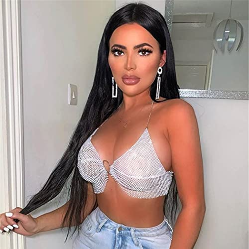 Vivilly Rhinestone Body Chain Sexy Sparkly Crystal Bikini Mesh Bra Top Dress Fishnet Underwear Body Jewerly for Women and Girls (white bra) - Image 4