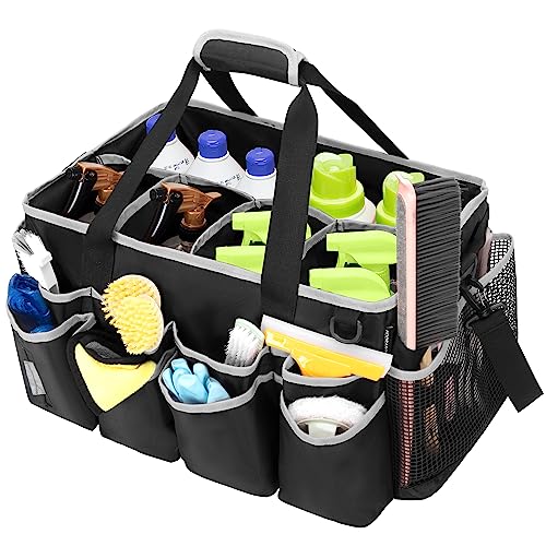 Extra-Large Wearable Cleaning Caddy, Organizer Bag for Products, Housekeeper Tote With Pad, Handle & Divider, Car Wash Tools Bag for Detailing Supplies, Gray Edge