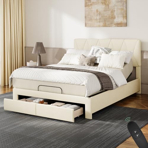 Image of Softa Queen All-in-One Adjustable Bed Frame with 10 inch Hybrid Mattress, Upholstered Headboard, 2 Storage Drawers, Wired Remote, Quiet Motor, 10-Year Warranty