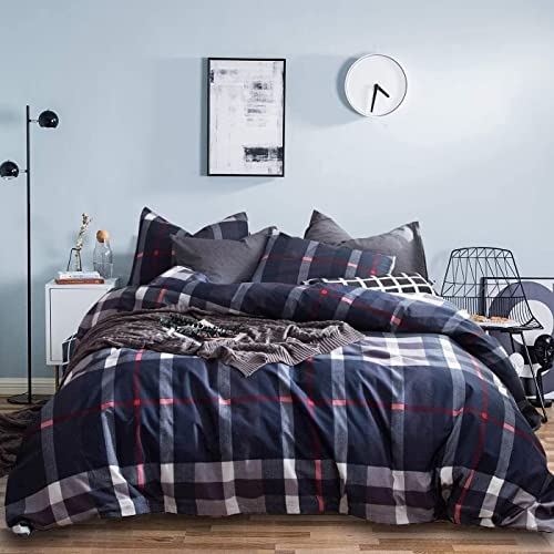 Houseri Navy Blue Plaid Comforter Set Cal King Dark Blue Bedding Set California King Size Navy Grid Buffalo Checkered Cal King Comforter Sets Tartan Gingham Comforter Oversized Checks Comforter King #TOP16