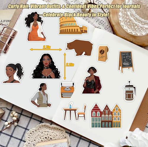 Image of Black Girl Sticker Book, 50 Sheets for Journals and Planners | 40 sticker sheets plus 10 scrapbook papers with Black girl artwork for journals, planners, vision boards and DIY crafts