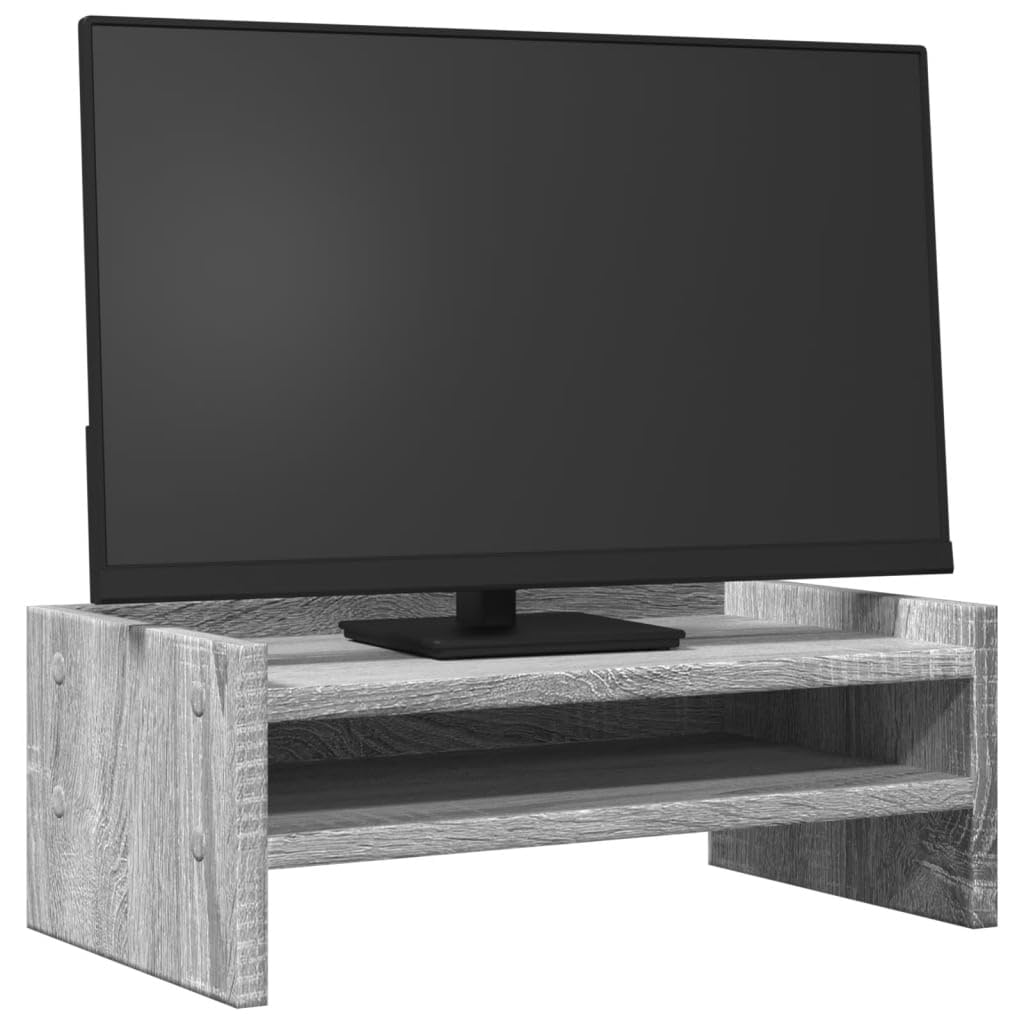 Supporto per monitor in legno grigio sonoma, 42 x 24 x 16 cm, con 2 ripiani, per monitor fino a 25 kg, da scrivania, per ufficio domestico