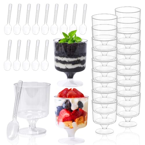 Fracurs 120 Pack Plastic Dessert Cups Set 60 Pcs 5Oz Clear Mini Parfait Cup With 60 Spoons For Party, Disposable Round Serving Golblet Wine Shot For Pudding, Fruit, Yogurt, Ice Cream, Appetizer Bowl