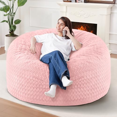 Image of 4FT Bean Bag Chair,Giant Bean Bag Chairs for Adults,Big Bean Bags with Memory Foam Filled, Large Beanbag Chairs with Chevron Plush Cover-Soft Pink