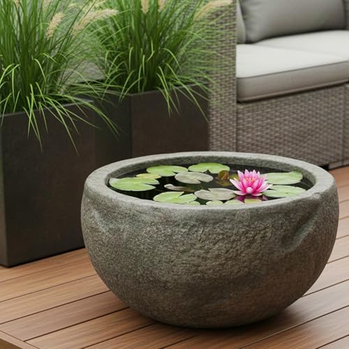 Arnusa Petit bassin rond 50 cm aspect pierre en polyrésine – Mini étang & petit étang décoratif pour jardin et terrasse, bac à eau, abreuvoir pour oiseaux pour...