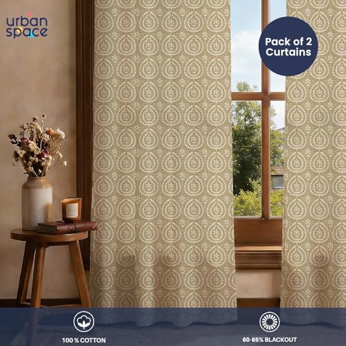 Image of Urban Space 100% Cotton Floral Curtains 8 Feet Long Set of 2, 60-65% Room Darkening, Decorative Curtains with Eyelets /Rings for Hanging, Tieback Included (Canopy Beige, Long Door - 8 Feet)