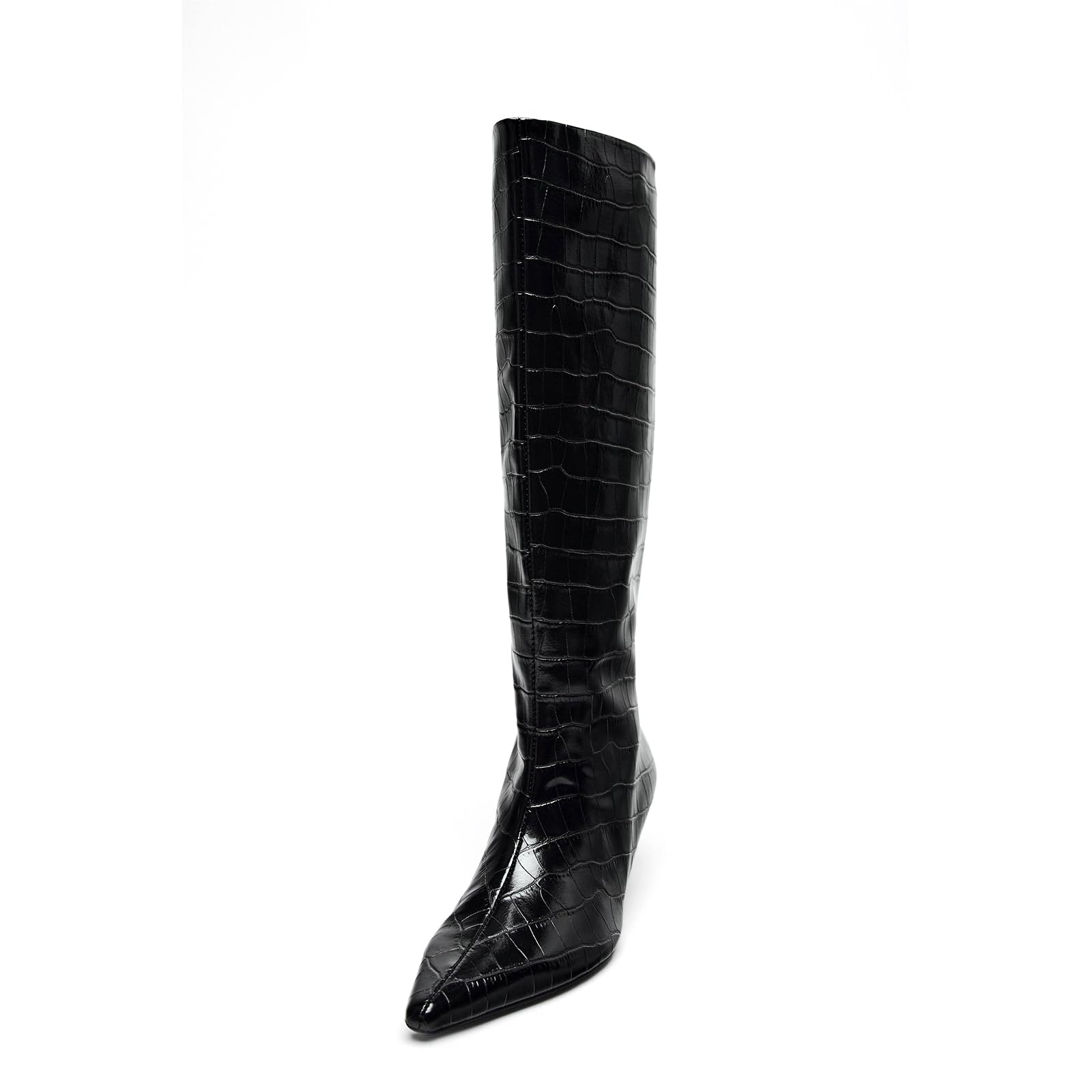 Womens Black Knee High Boots with Kitten Heels Wide Calf Boots Stiletto Low Heel Pointed Toe Tall Snake