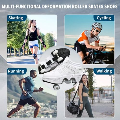2 in 1 Roller Shoes PU Leather Outdoor Deformation Roller Skates for Men Women, Retractable Automatic Walking Sneakers with Wheels Comfortable High-Top Casual4