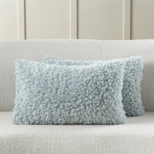 FUTEI Light Blue Decorative Throw Pillow Covers 12x20 Inch Set of 2,Soft Fluffy Faux Wool Fur Boucle Textured Lumbar Pillow Case,Modern Home Decor for Couch Bed Living Room Office