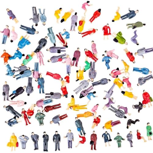 FRTmvg Lot de 100 figurines de personnes à l'échelle 1:100/1:150/1:75/1:50 – ABS modèle de construction passagers, figurines de paysage de train peintes, poses mixtes multicolores pour dispositions de