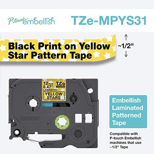 Image of Brother P-Touch Embellish Black Print on Yellow Stars Patterned Tape TZEMPYS31 - ~ inch Wide x 13.1' Long for use with P-Touch Embellish Ribbon & Tape Printer