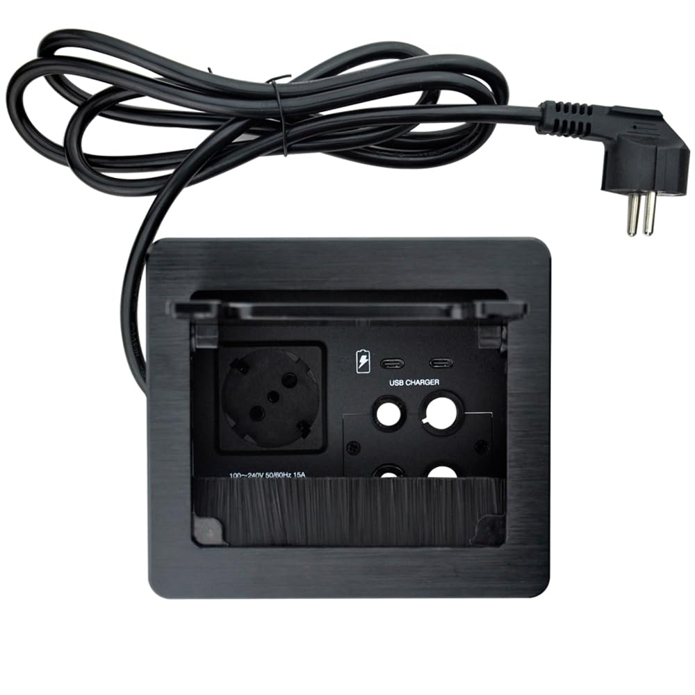 Tabletop Brush Kabel Cubby Connectivity Box mit 1 AC Power + 1 USB Ladegerät + 4 Kabellöcher mit 5.58ft Netzkabel für Konferenz Büro (Z100-1EU-2C)